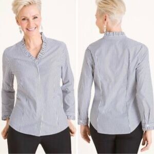Chico’s stripe ruffle V neck button down no-iron shirt |size 2